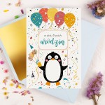 Personalizowana Kartka na urodziny dla dziecka z małym pingwinkiem, konfetti i balonami - Little Pinguin